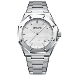 BINBOND Fashion Men's Alloy Strap Watch with Octagonal Screw Design and Quartz Movement (Silver White)