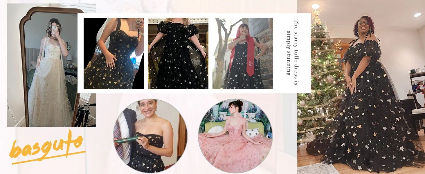 Vestido de fiesta de tul con estrellas brillantes, mangas abullonadas, largo hasta la rodilla, vestido formal de noche para fiesta