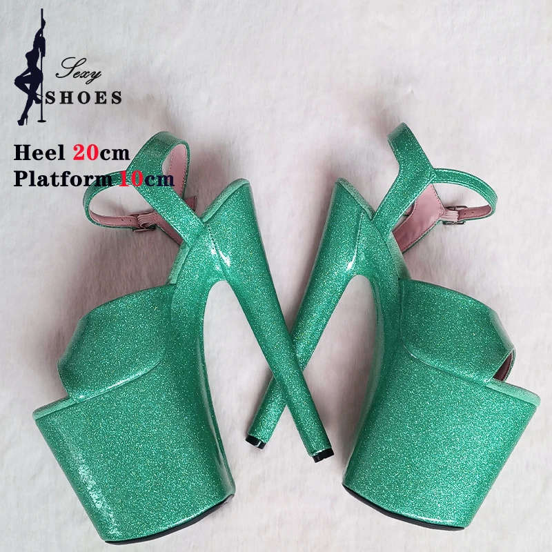 20CM Sexy Sandals Shiny PU Summer Fashion Buckle Strap Platform High Heels Women Sexy Peep Toe Extreme Stripper Pole Dance Shoes
