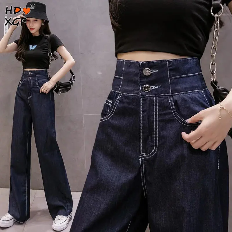 

High Waist Button Vintage Casual Loose Wide Leg Pants Women Cotton Blue Baggy Boyfriend Jeans Korean Fashion Women Streetwear