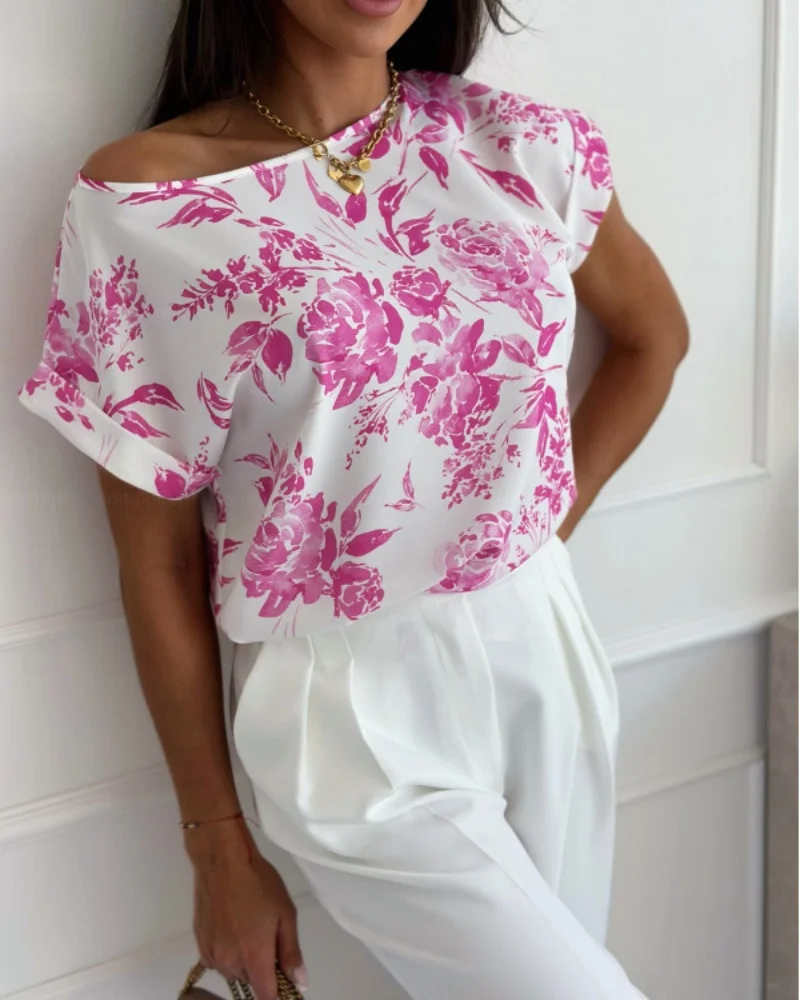 Schicke Bluse mit Blumenmuster, U-Boot-Ausschnitt, kurzen Ärmeln, aufgerollten Bündchen und lockerer Passform für den täglichen Gebrauch und Sommerausflüge.
