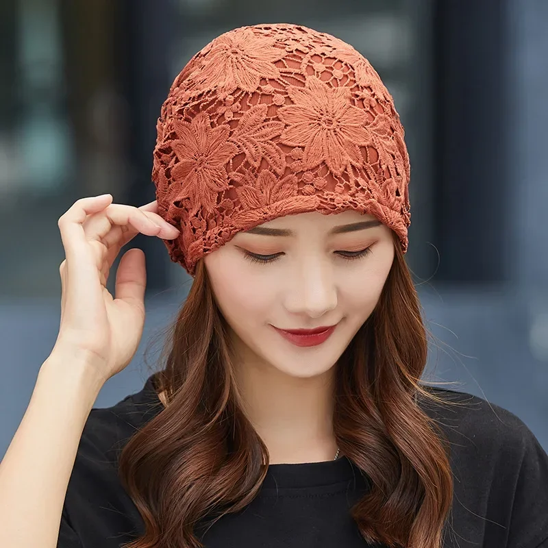 New Bonnet for Women Hollow Big Flower Skullies Hat Summer Breathable Sun Hats Street Fashion Women Beanies Cap 2