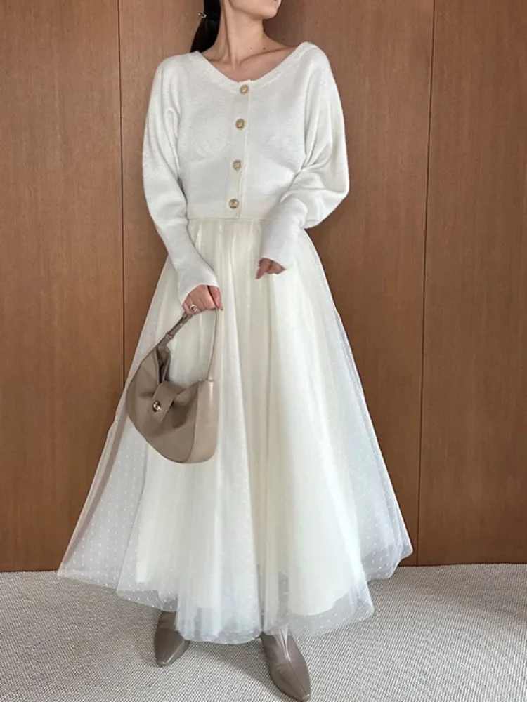 

Элегантный комплект из двух предметов в японском стиле, вязаный кардиган с V-образным вырезом и сетчатая юбка, Осень-зима 2024, модный простой костюм