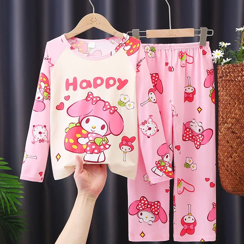 Sanrio Autumn Children&rsquo;s Milk Silk Pajama Set Kawaii Sanrioed Anime Cinnamoroll Kuromi Pajama Children&rsquo;s Home Clothing children pajama set