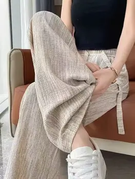 Casual High Waist Loose Wide Leg Pants Women Summer Thin Cotton Linen Loose Fit Drapey Straight Leg Trousers Breathable