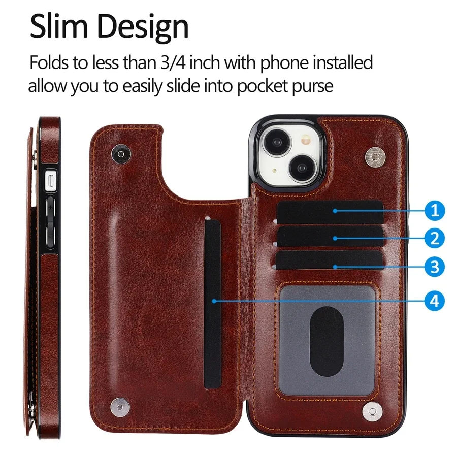 Double Button Flip Wallet Protection Leather Case For iPhone 15 Pro Max 14 Plus 13 Mini 12 11 SE X XS XR 8 7 6s Cover Phone Case Leather Phone Case Leather Wallet Case Leather Case