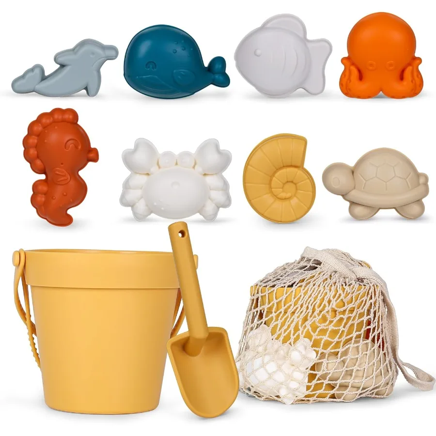 11Pcs Silicone Beach ToysModern Baby Beach Toys Travel Friendly Set Eco Friendly Toy Silicone Bucket Shovel 8 Sand Molds
