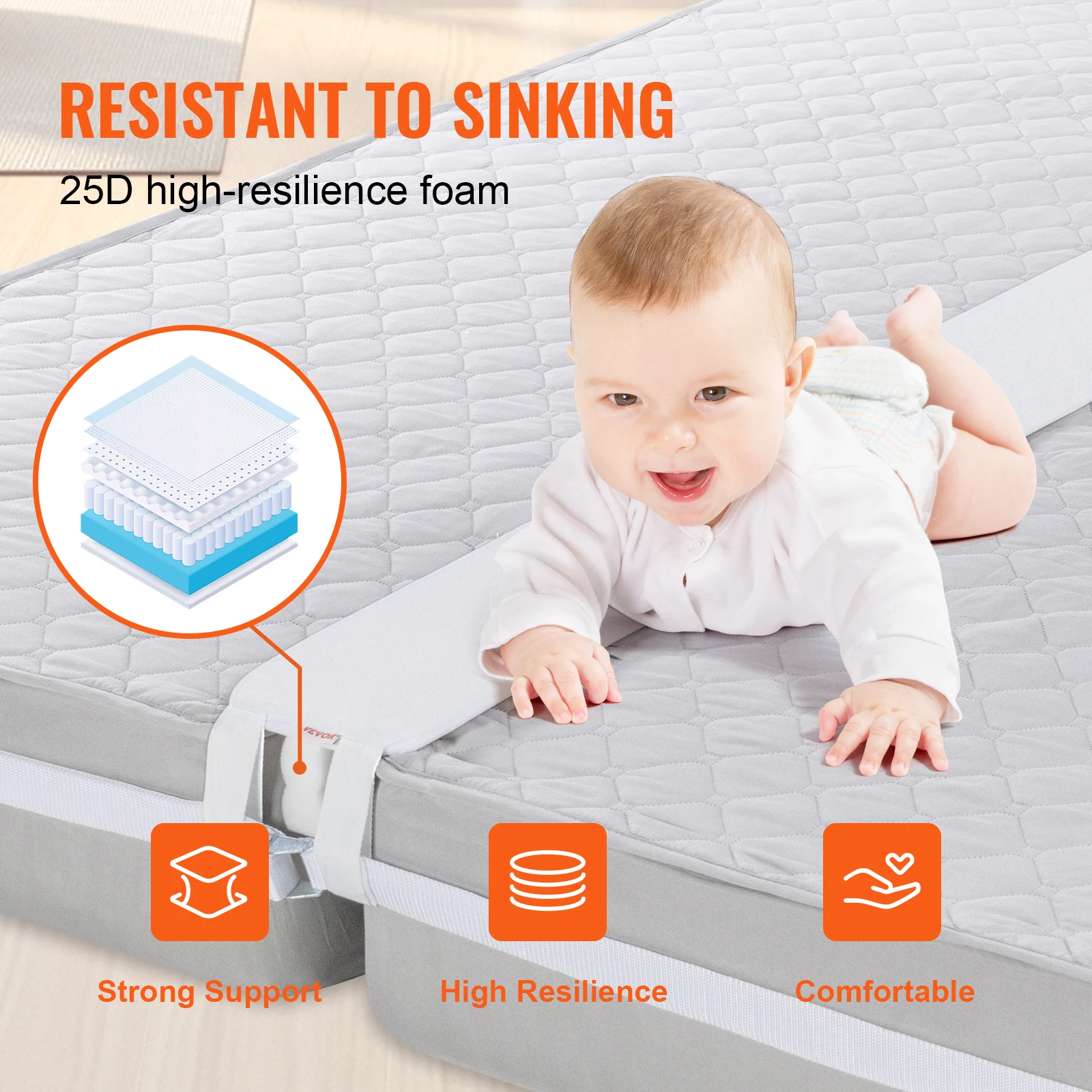 VEVOR Bed Bridge Mattress Connector for Adjustable Bed Mattress Gap Filler with Heavy Duty Metal Buckle Strap 25D Memory Foam 4