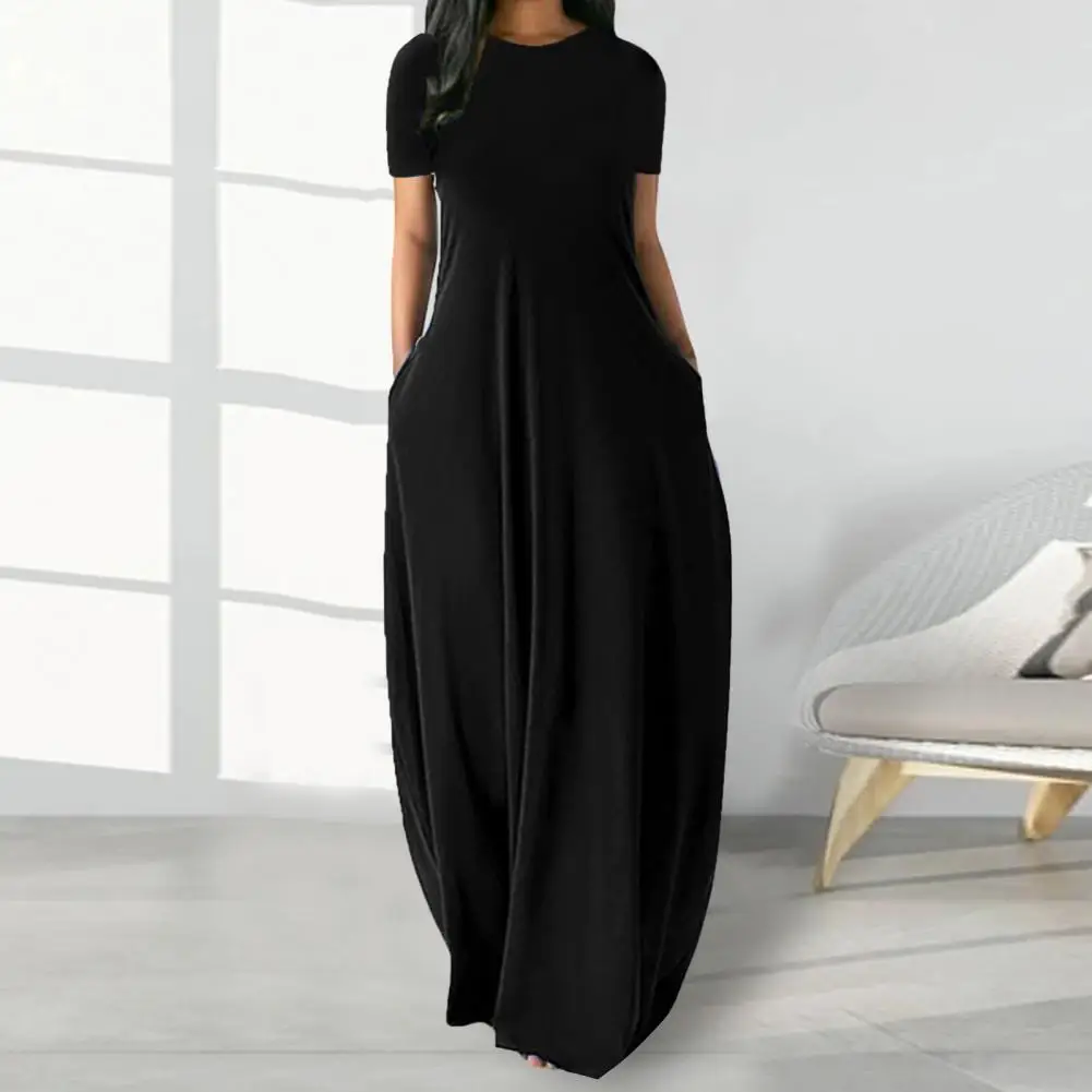 

Round Neck Maxi Dress Chic Comfortable Women's Maxi Dresses with Side Pockets High Waist for Streetwear Fashion Women Maxi Dress