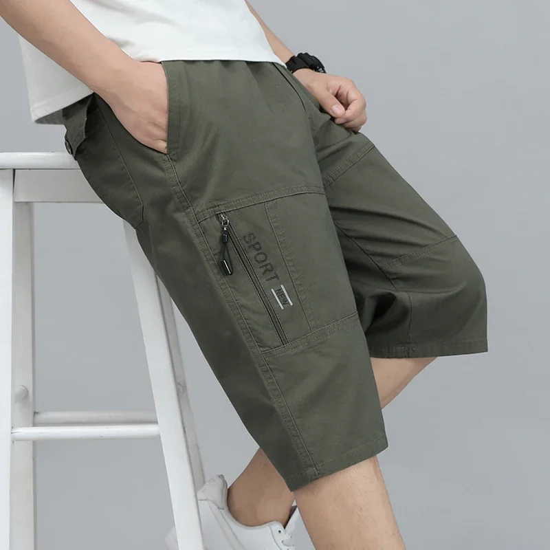 

Mens Cargo Shorts Pants Zipper Pocket Summer Cotton Shorts Climbing Jogger Elastic Waist Sports Wear