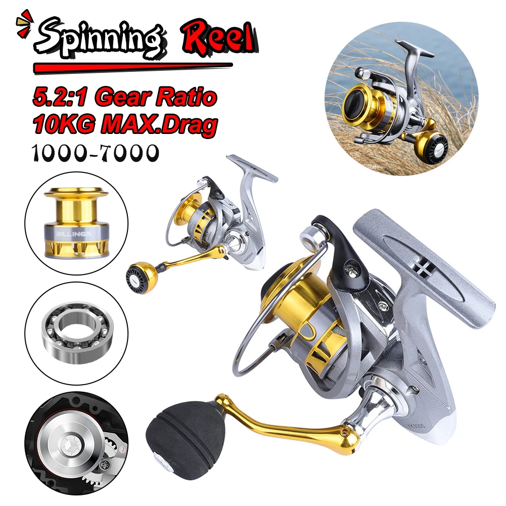 

Ultralight Spinning Reel YK1000-7000 Series Fishing Reel 10KG Max Drag 5.2:1 Gear Ratio Metal Spool Spinning Saltwater Fishing