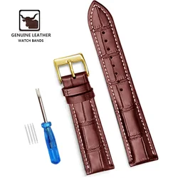 Classic Genuine Leather Watch Band with Soft Cowhide Strap and Adjustable Sizing Plus Tool - 22mm (Dark Brown white 2)