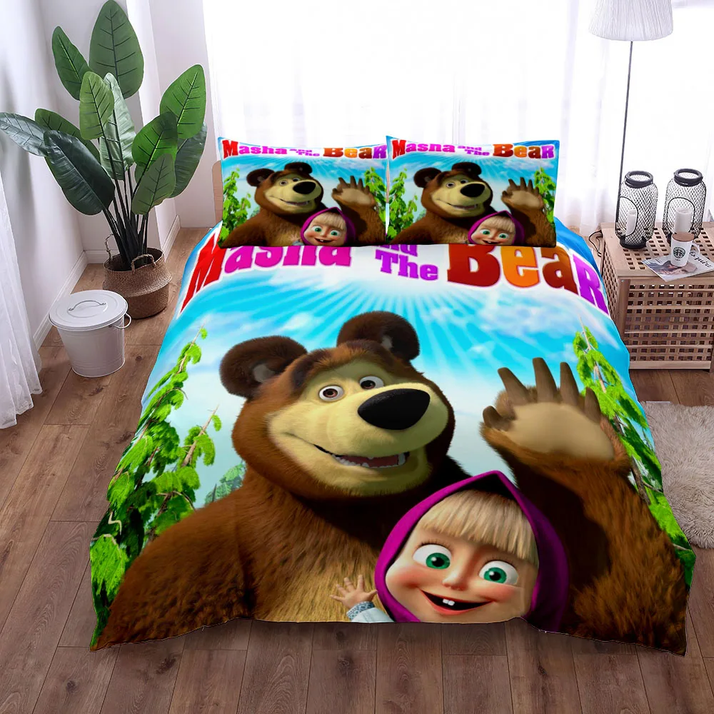 Masha Cartoon Duvet Cover Set without sheet King Queen Double Full Twin Single Size Bed Linen Set 5