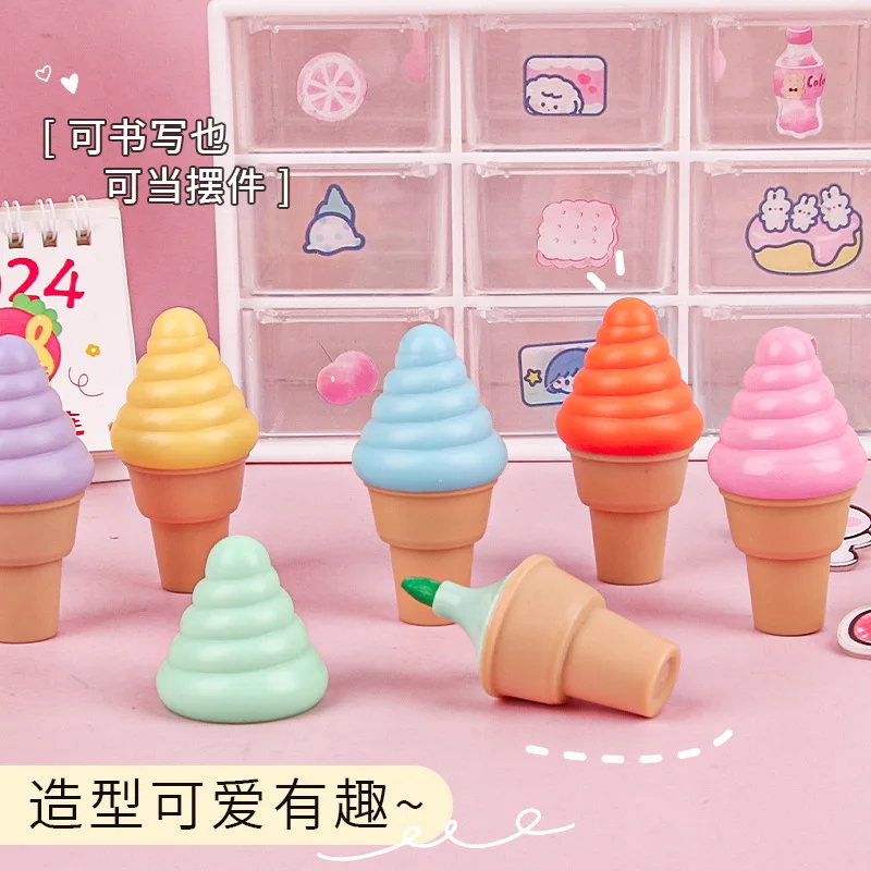 아이스크림 모양 형광펜, 컬러 마커 펜, 아트 페인팅, 학용품, 학생 문구, 6 개/팩