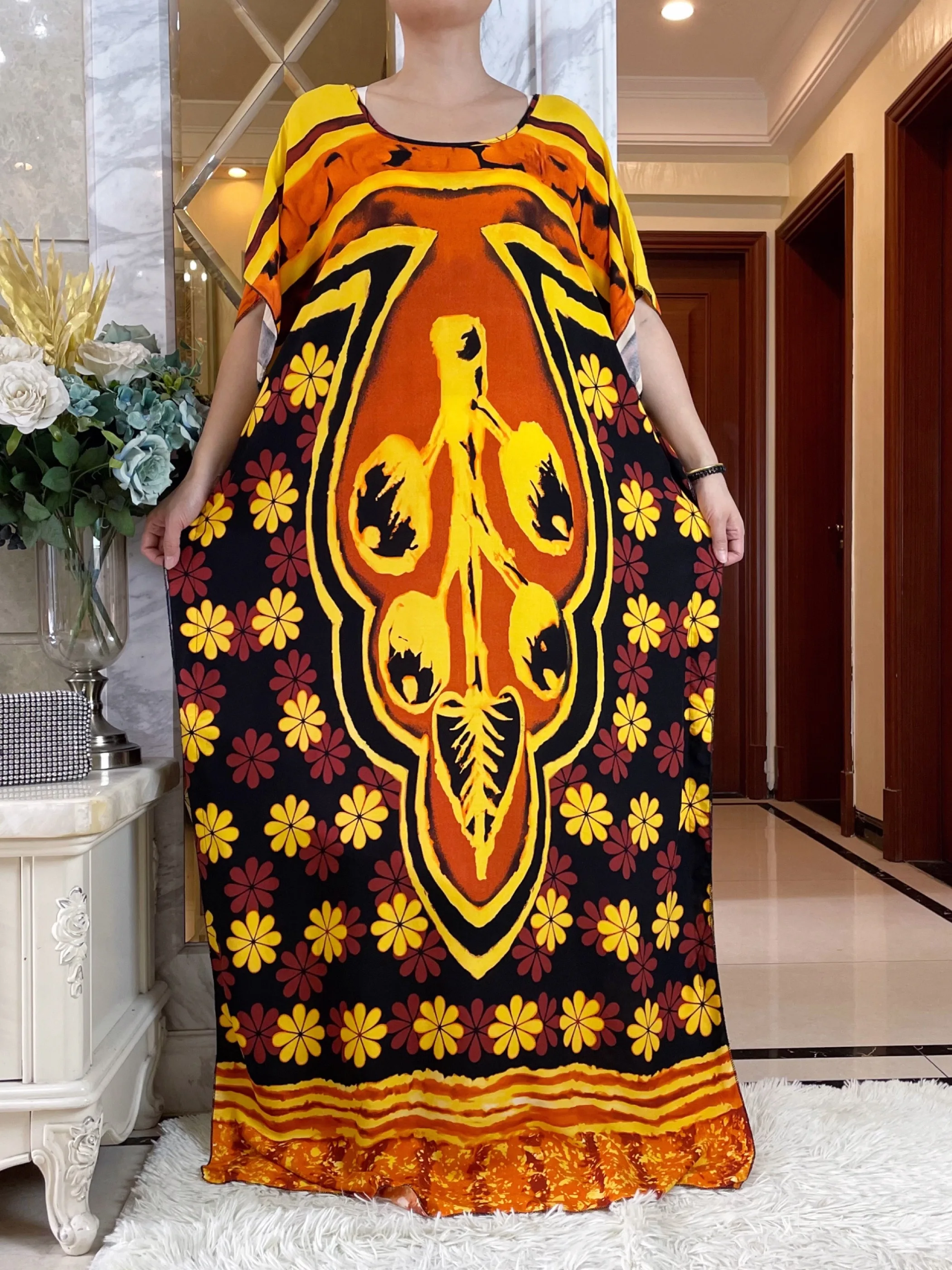 New Summer Eid Abaya  With Big Scarf  African Women Short Sleeve Dashiki Printed Floral Loose  Maxi Islam Casual Cotton Dress