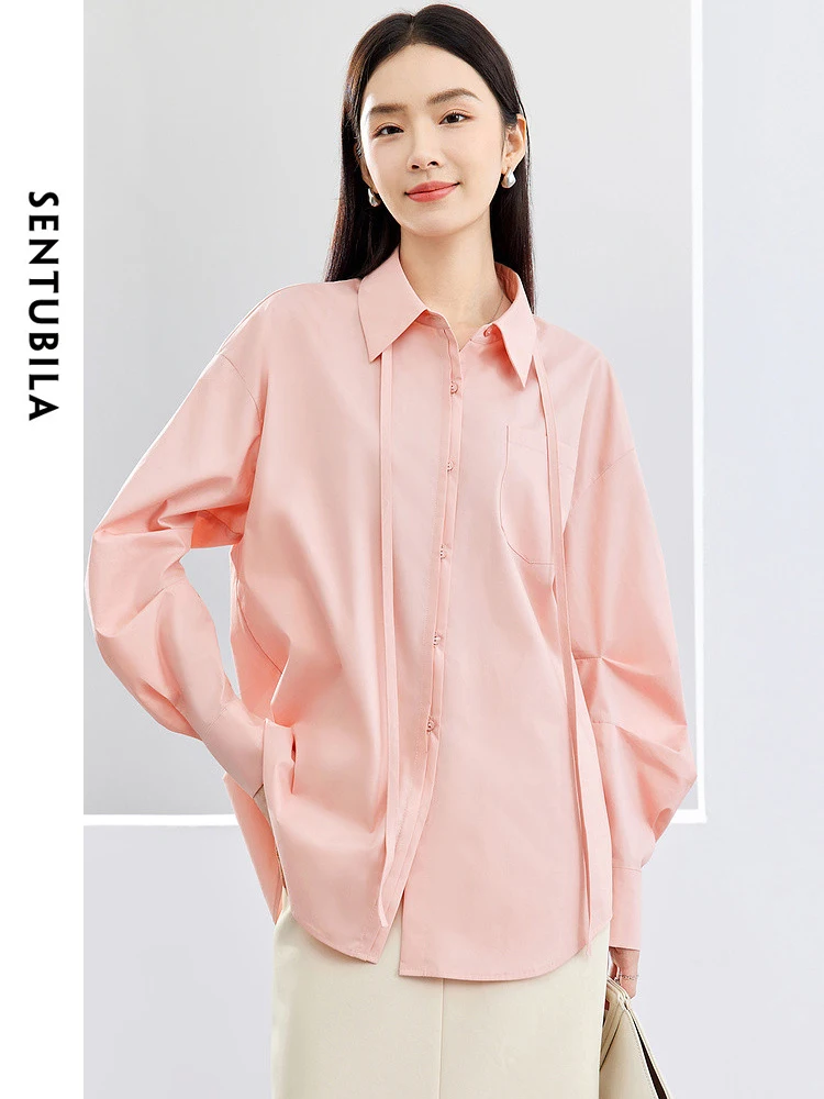 

SENTUBILA Cotton 100% Casual Pink Shirt 2024 Spring Simple Lace-up Button Up Women's Blouse Lantern Sleeve Womens Tops 141C53098