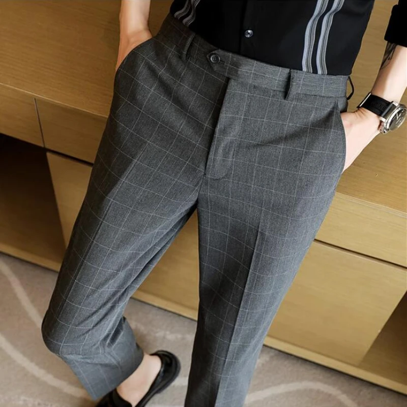 High-quality Belt Design Slim Fit Suit Pants Men Slim Fit Casual Trousers  Solid Color Business Dress Pants Wedding Party Costume - AliExpress