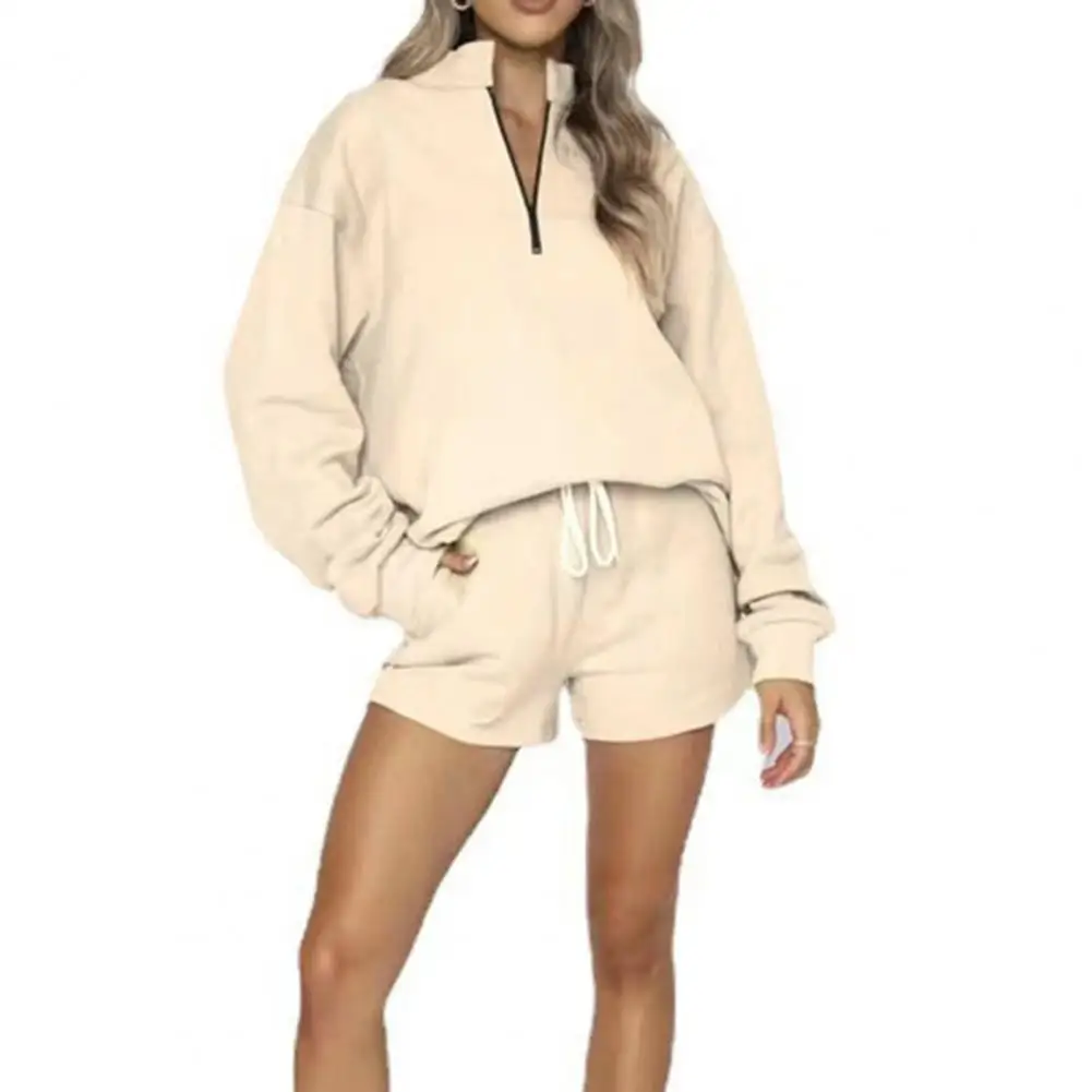 

Women Tracksuit Two Piece Sets Long Sleeve Women Sports Suit Sweatshirt Drawstring Elastic Waist Shorts Sportswear Pant Suit