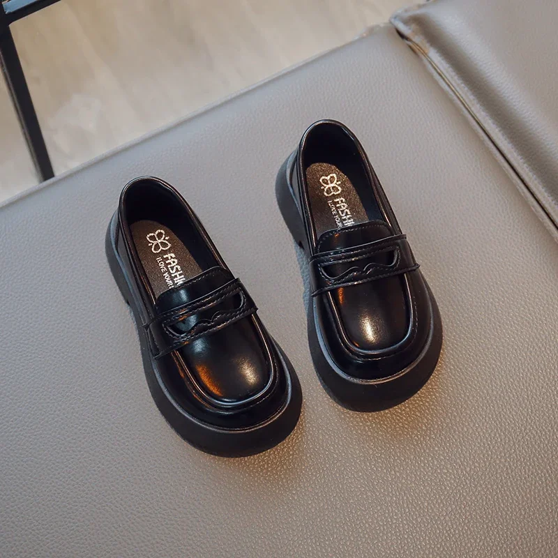 Girls Leather Shoes for Party Wedding Slip-on Simple Solid Black Kids UK Uniform School Shoes Children Loafers 2023 Four Season 4