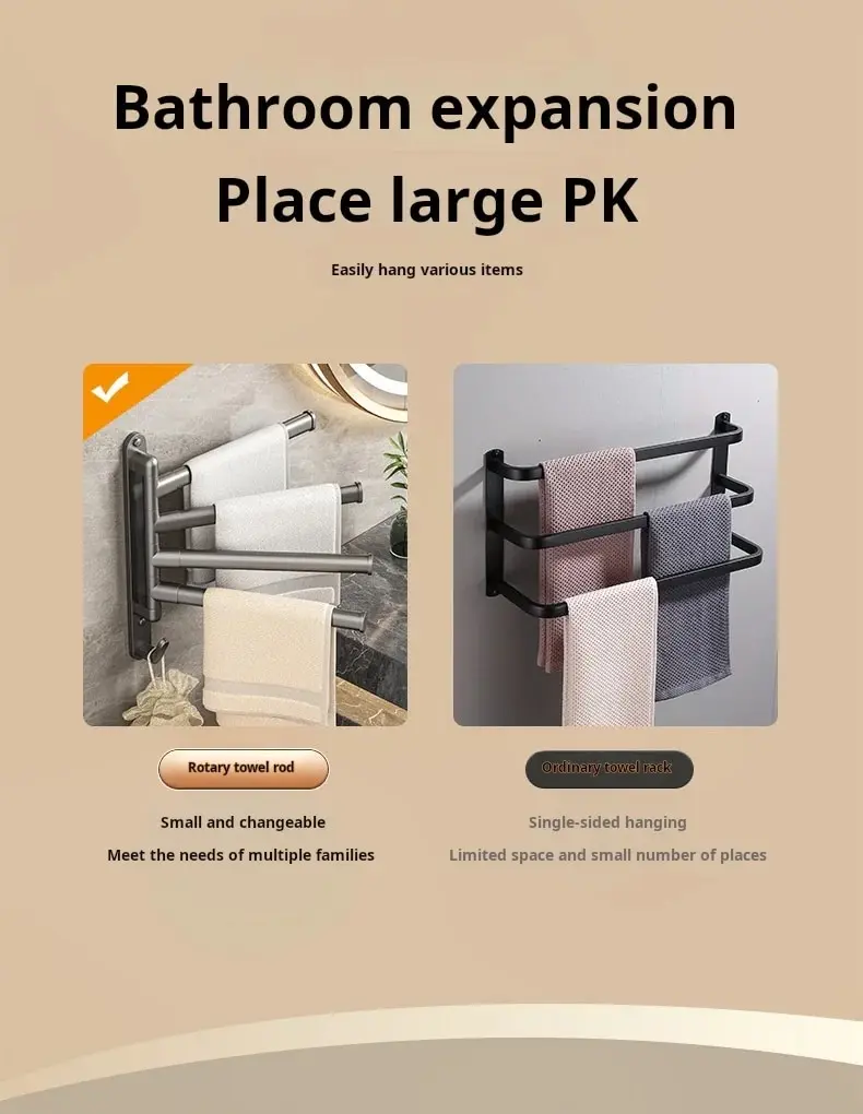 Description Picture 4 of item4 Tier Towel Bar Hole-free Installation Rotatable Multifunctional Bathroom Towel Storage & Organization Rack