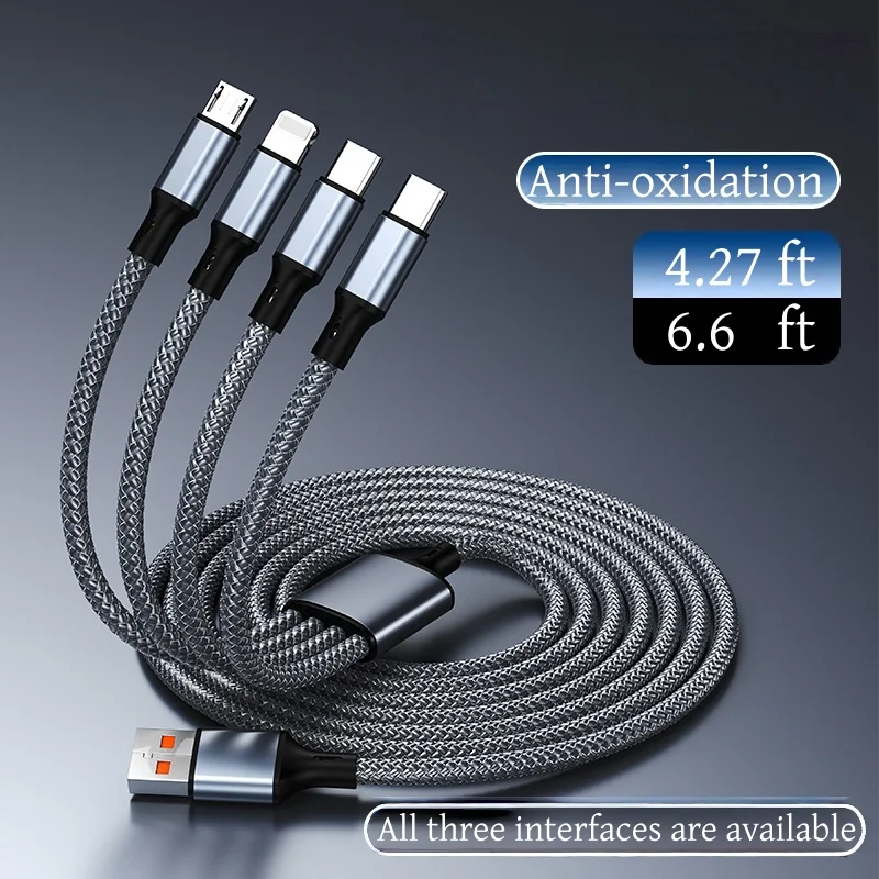 4-in-1 브레이드 나일론 데이터 케이블: USB-A에서 4개의 USB-C 포트로 연결된 고속 충전 케이블로 여러 기기 동시 사용 가능