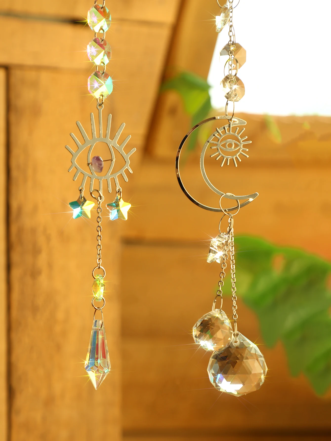 2pcs Evil Eye Moon Crystal Sun Catcher Hanging Ornaments Garden Suncatchers Window Wind Chimes Light Catcher Outdoor Decors Gift