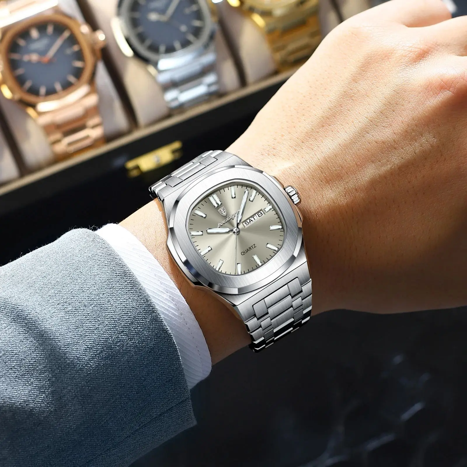 POEDAGAR Trendy Casual Wristwatch For Men Week Date Stainless Steel Man Watch Luminous Waterproof Luxury Quartz Men Watches+Box - Image 5