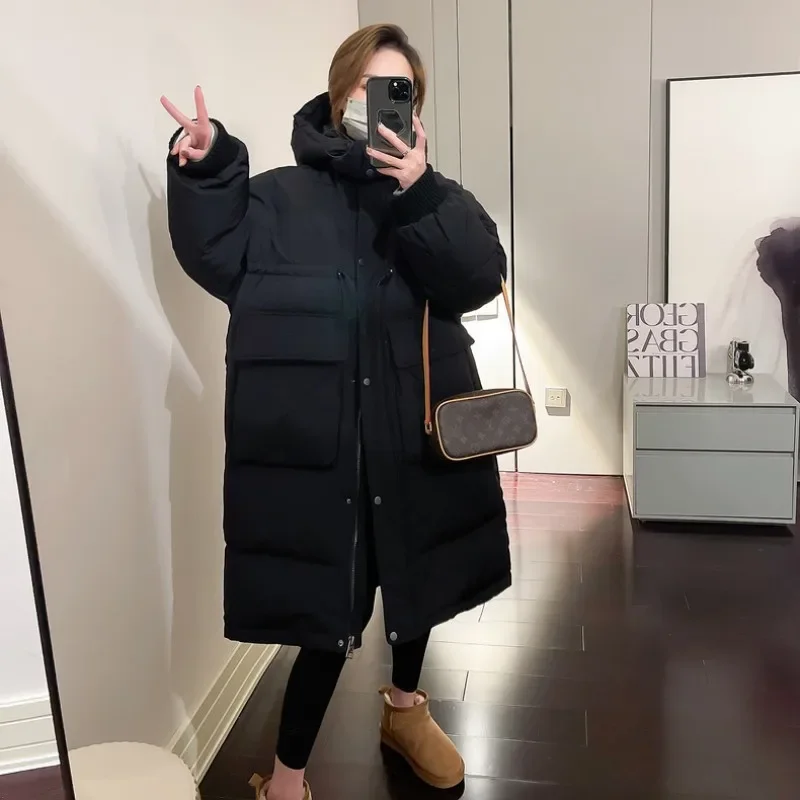 Winter Korean  Hooded White Duck Goose Down Down Long Down Padding Coat Women's Loose Commuter Thickened Padded Jacket Coat