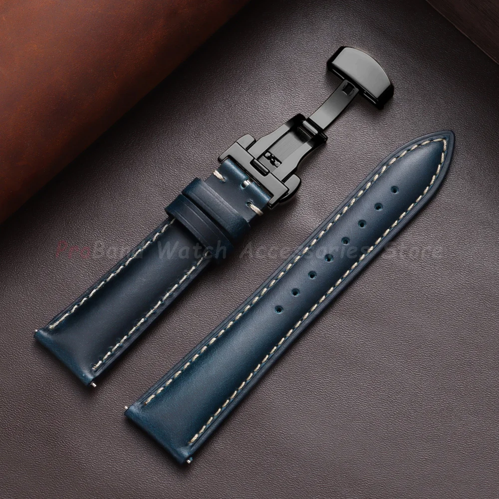 Vintage Brown Oil Wax Leather Watch Strap with Butterfly Buckle - Men's Accessory