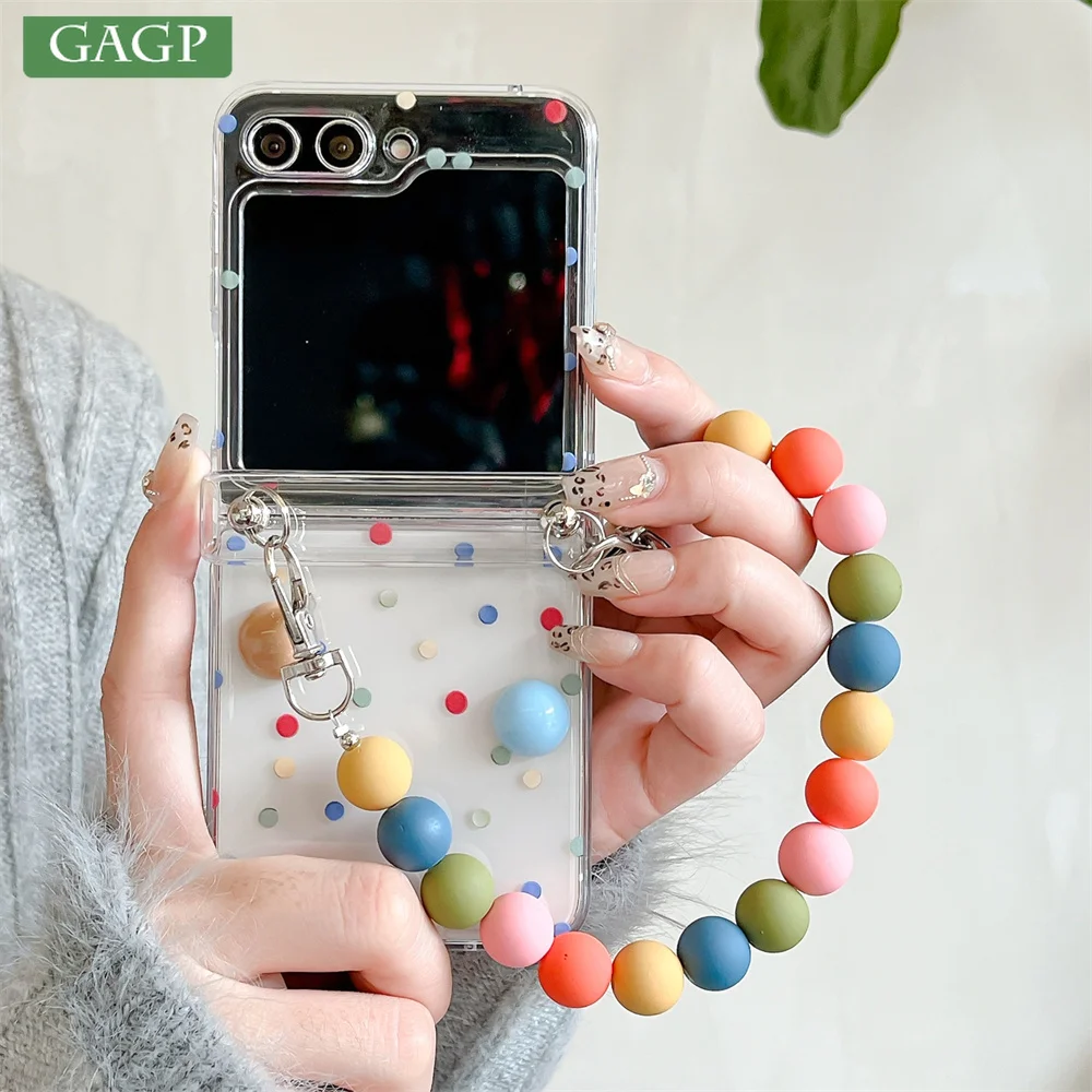 Cute Colorful Round Bead Wrist Strap Case with Transparent Hinge Protection Cover