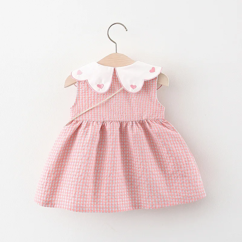 Summer Newborn Dress Fashion Print Doll Collar Cute Princess Beach Flowers Dresses + Bag Little Girls Heart Plaid Clothing