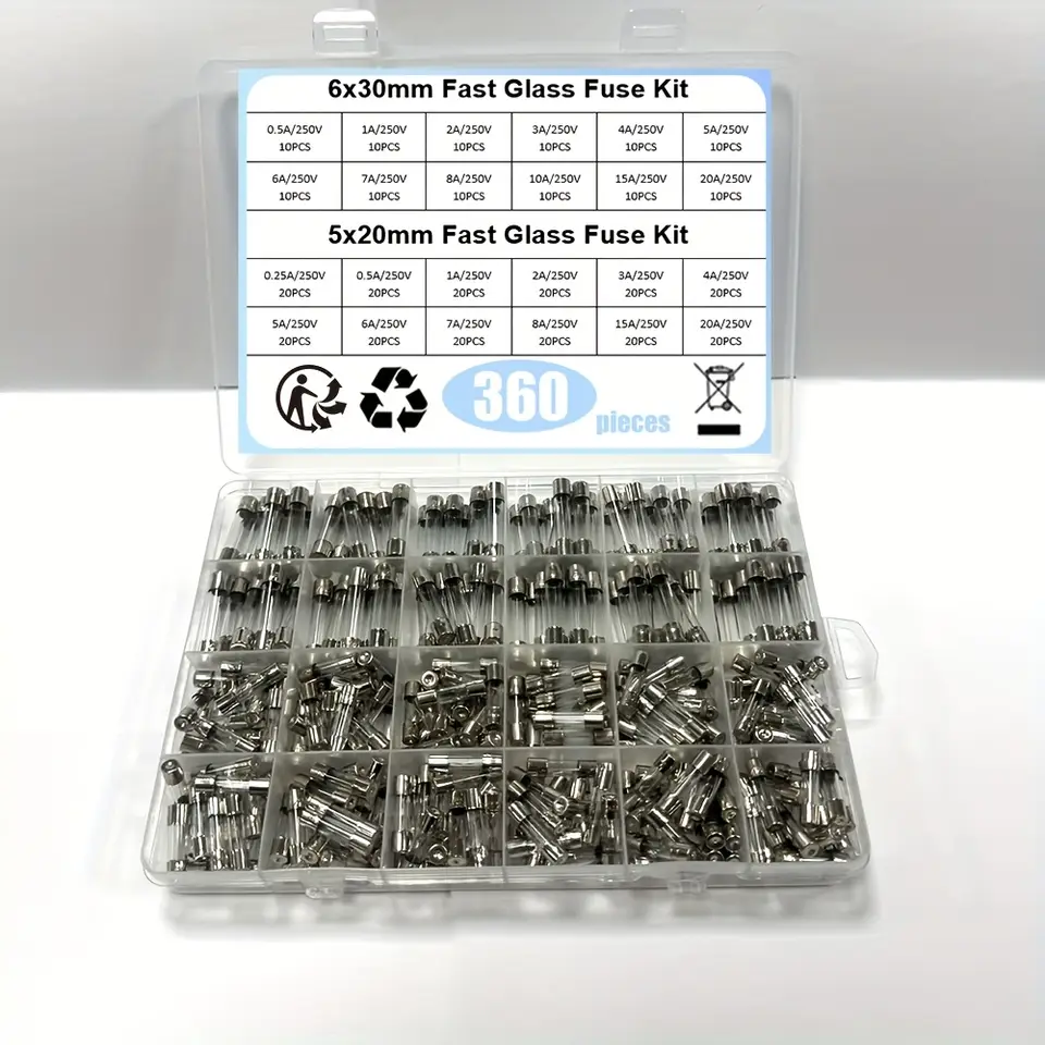 360pcs Automotive Glass Fuse Assortment Kit 250V 0.5A-25A 5x20mm 6x30mm Diameter Electrical Fuses for Cars with 24 Values image 1