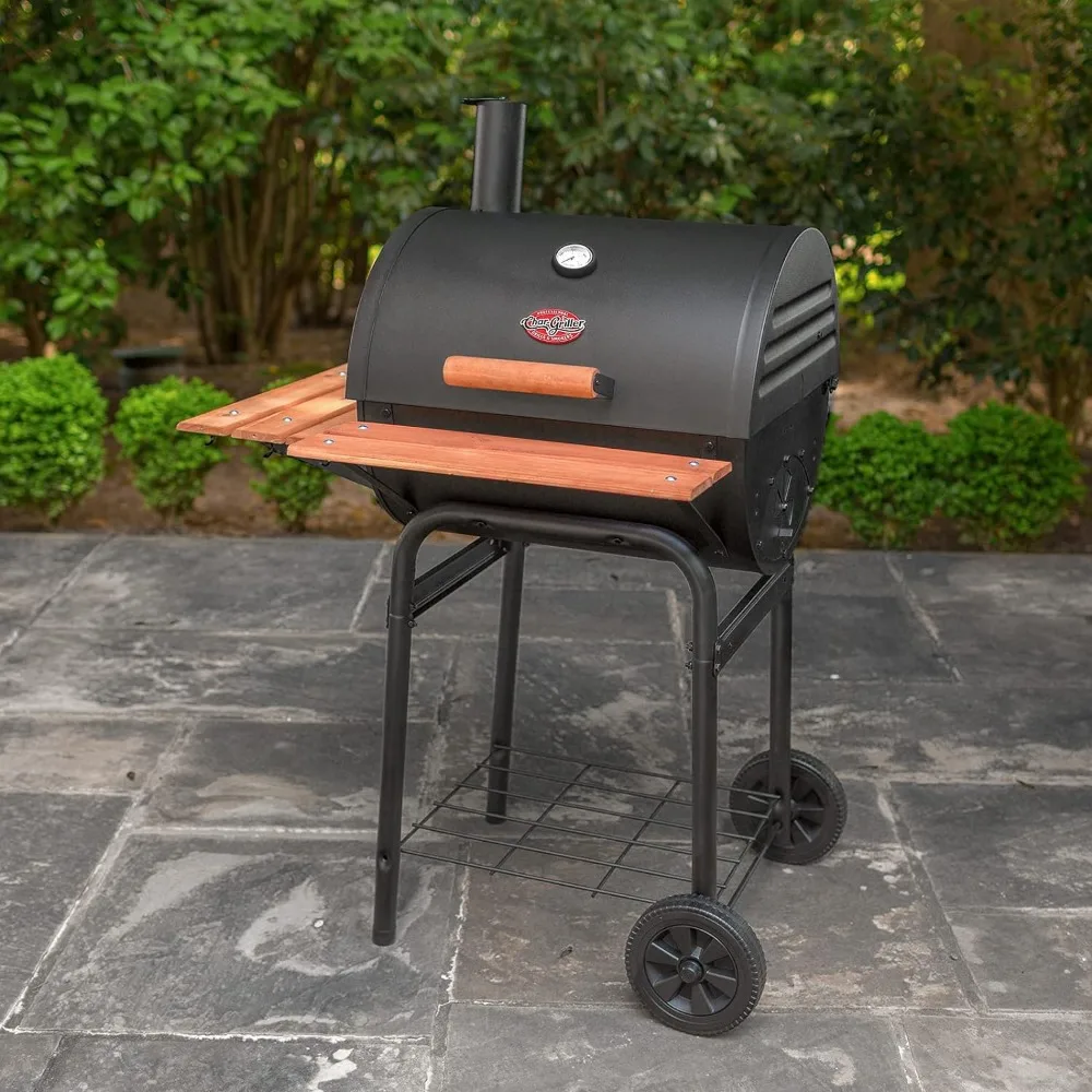 

Charcoal Grill in Black with Wood Shelves,Premium Wood Front and Side Shelves with Utensil Hooks, 635 Cooking Square Inches,BBQ.