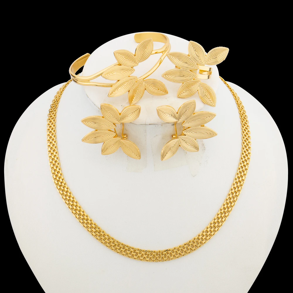 

Women Earrings and Bangle Ring Set for Weddings Party 18k Gold Color Chain Necklace and Earrings Accessories Jewelry Gifts