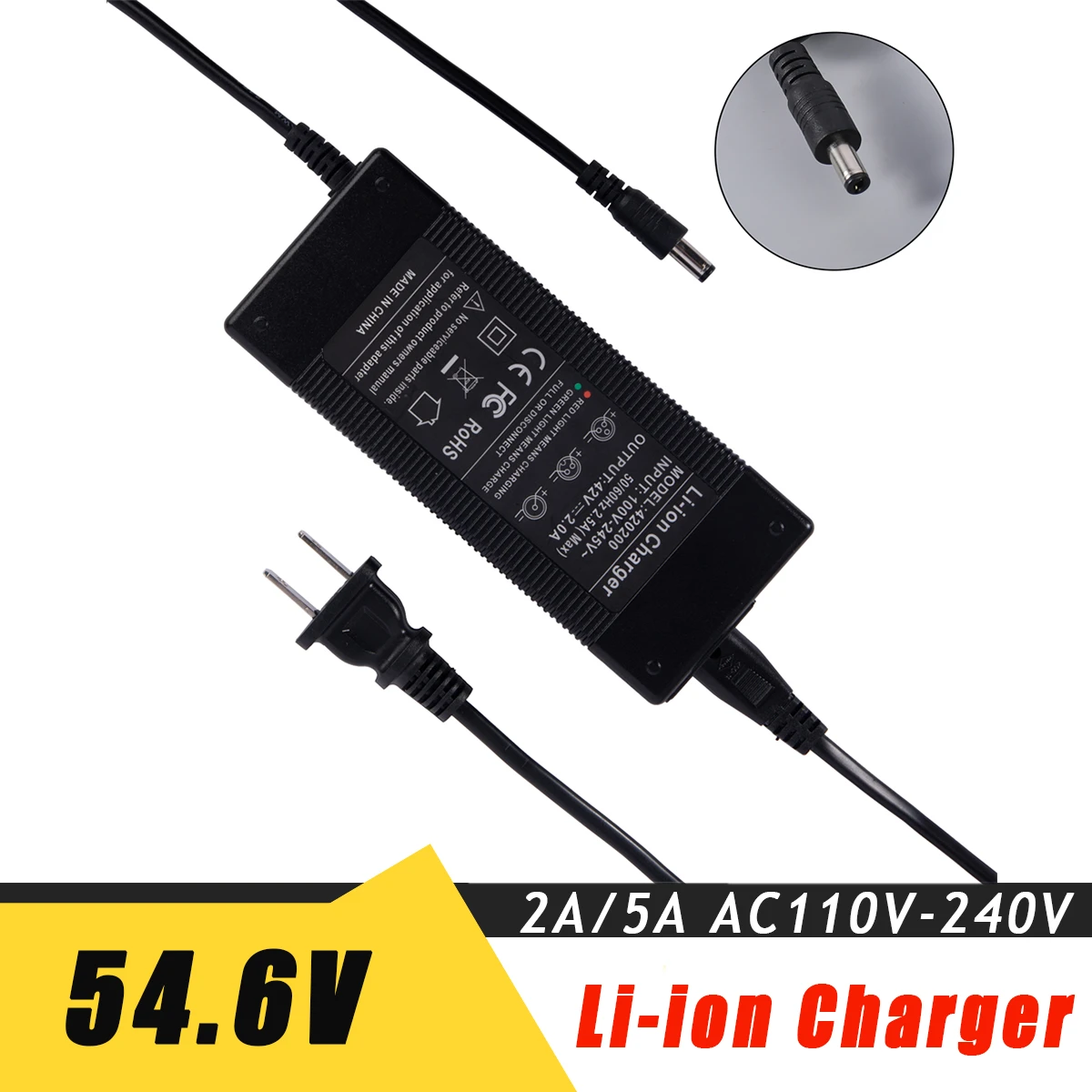 54.6V 2A 5A Fast Charger 13S 48V Li ion Battery Pack Charger Output DC