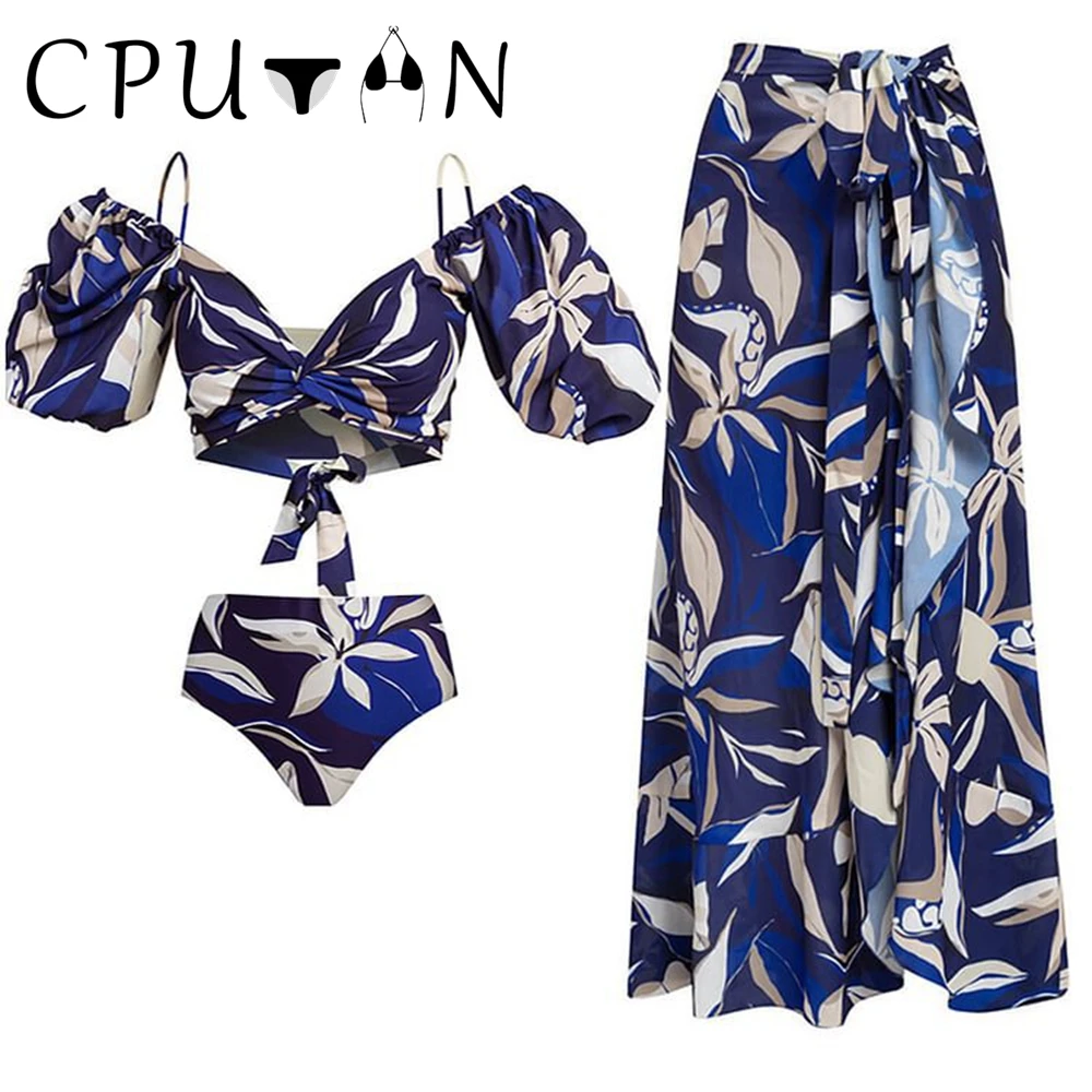 

CPUTAN 2023 Vintage Ruffle 3 piece High Waist Swimsuit Sexy Print Bikini Cover Up Swimwear Dress Bathing Suit Summer Beach Skirt
