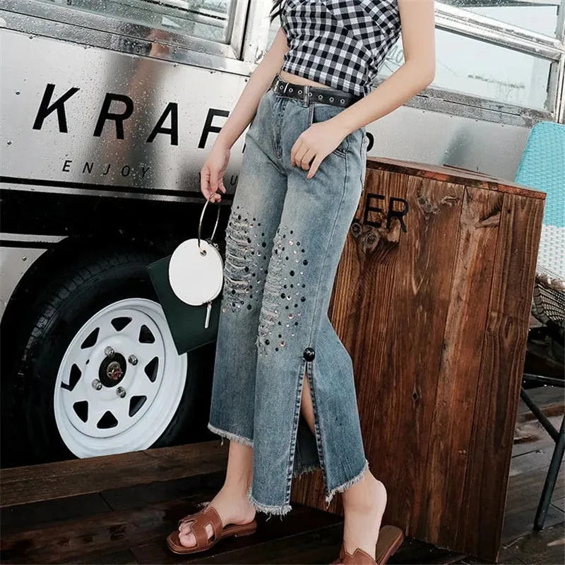 

Female Clothing Wide-leg Pants Spring Summer New Jeans Loose Holes Women's Straight-leg Pants Thin Section Vintage Cropped Pants