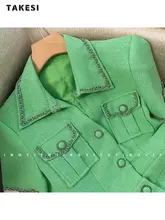  2023 Summer Vintage Short Sleeve Turn-Down Collar Green Jumpsuits Women's Elegant High Waist Patchwork Single Breasted Rompers 