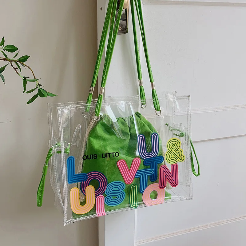 Summer Large-capacity Transparent Shoulder Bag for Women with Stylish Letter Print PVC Women's Bag Handbag