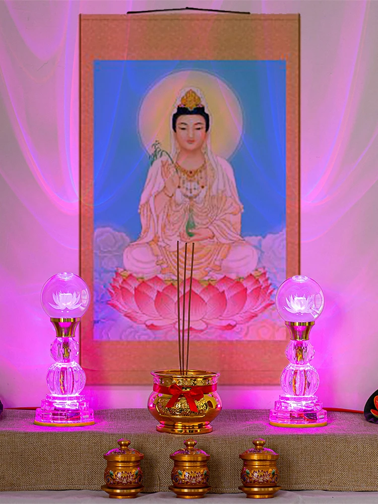 Buddha Offering Lamp, Buddhist Supplies LED Colored Crystal Lotus Lamp, Used for Buddha Light, Household Use, Prayer, Meditation