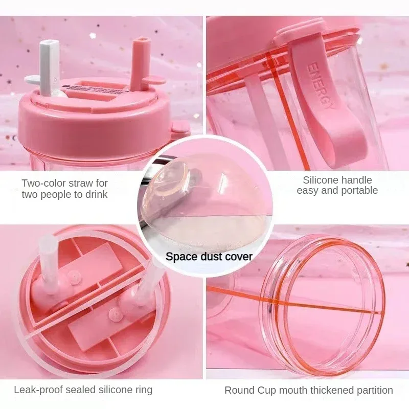 420/600ml Double Drinking Bottle Cute Girl Student Outdoor Double Straw Cup with Handle Portable Plastic Water Bottle water bottle sports water bottle sports bottle plastic water bottle plastic cup