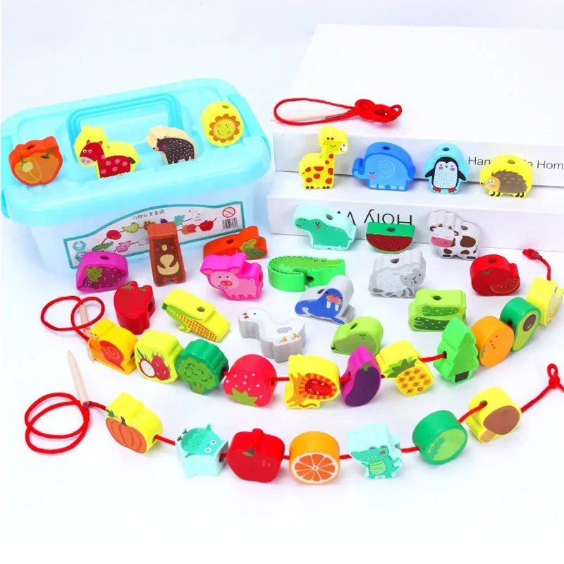 42PCS Montessori Wooden Beads Stringing Toy – Cartoon Fruit & Animal Educational Set for Kids 4