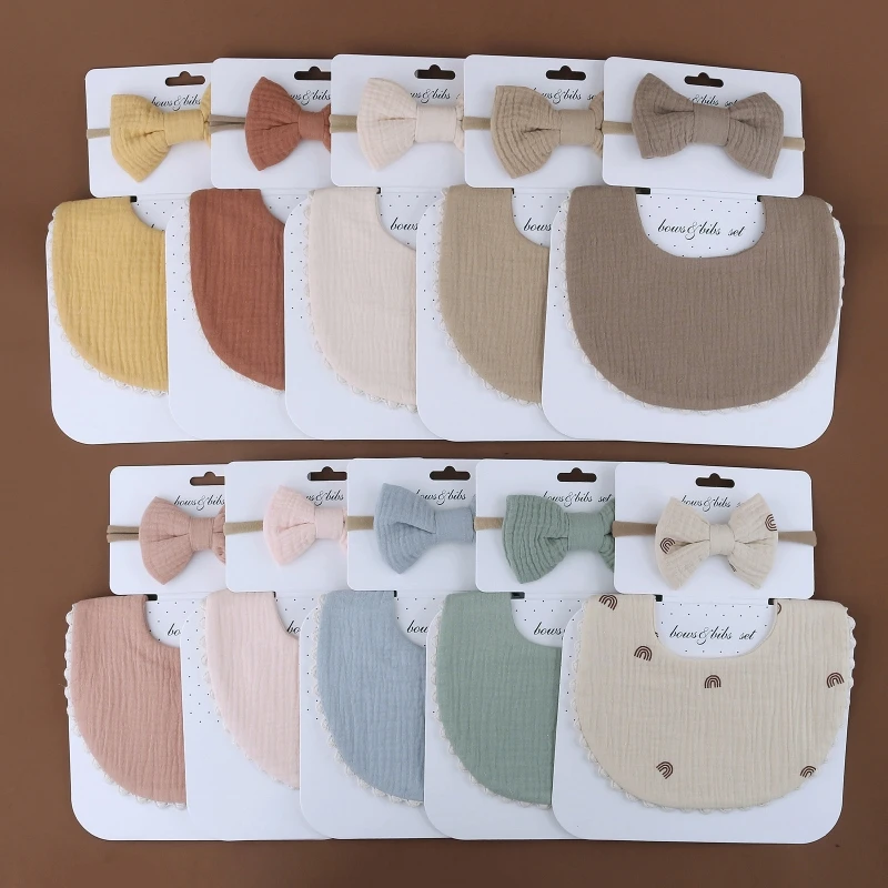 

1set Soft Cotton Baby Bib Headband Set Solid Colour Newborn Saliva Towel Burp Cloth Baby Girl Elastic Bowknot Headband Baby Item