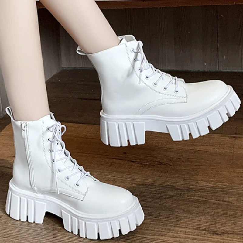 

Женские Водонепроницаемые ботинки на платформе, однотонные ботинки с круглым носком, на шнуровке, на молнии, на среднем каблуке, на осень, 2023