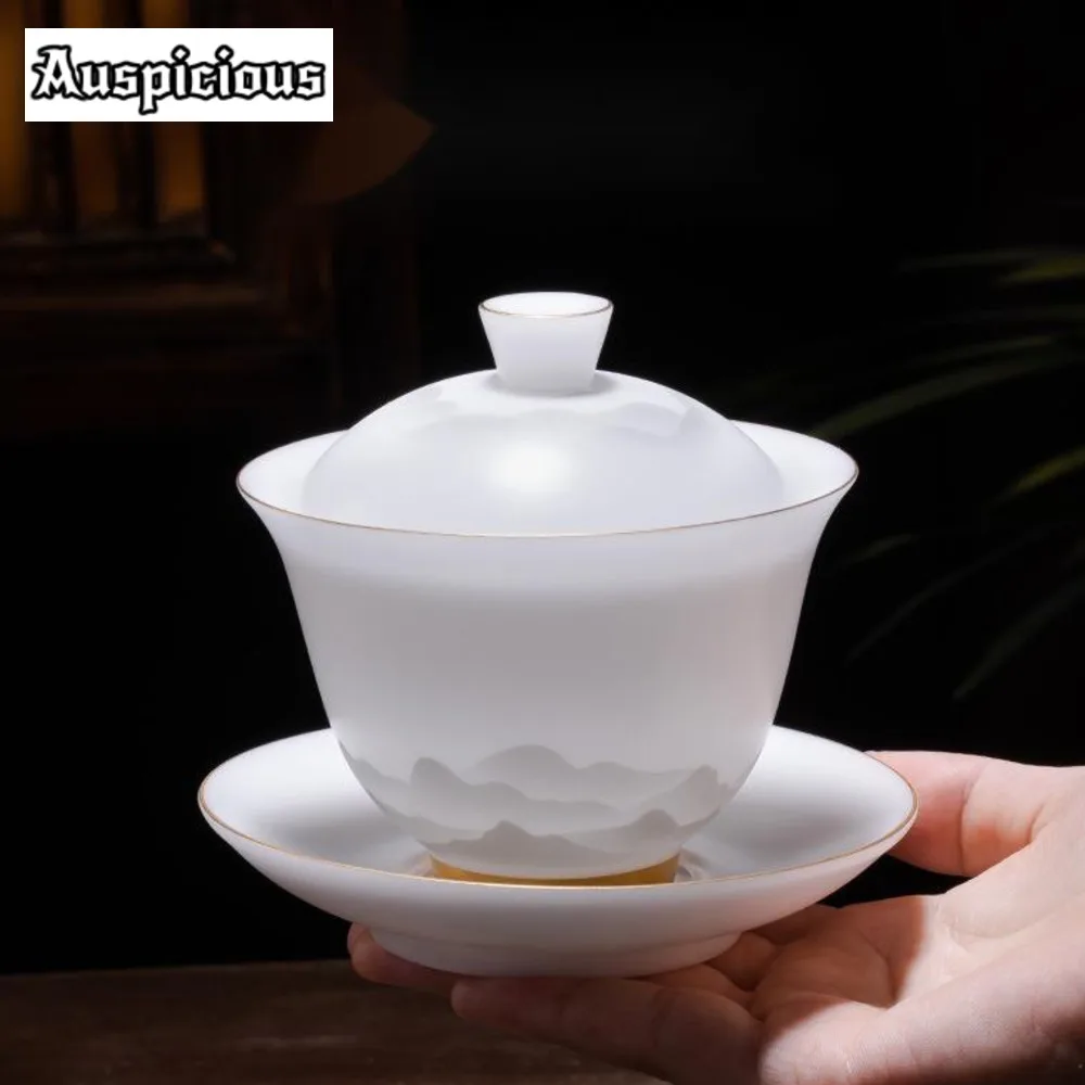180ml High End Iced Jade Porcelain Gaiwan Vintage Tea Tureen Chinese Tea Maker Cover Bowl Ceremony Accessories Collection