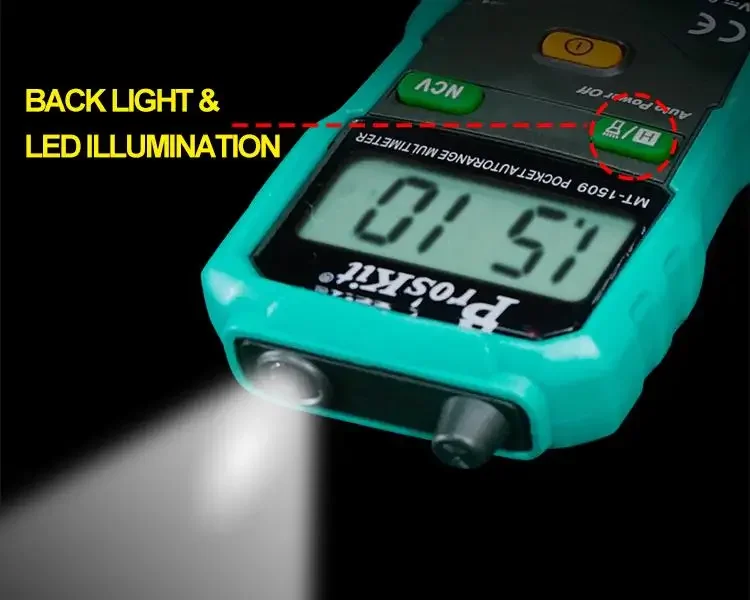 Pro'sKit MT-1509/MT-1510 Autorange Multimeter Non-contact ACV detector LED flashlight CE EN61010-1 CATIII 600V