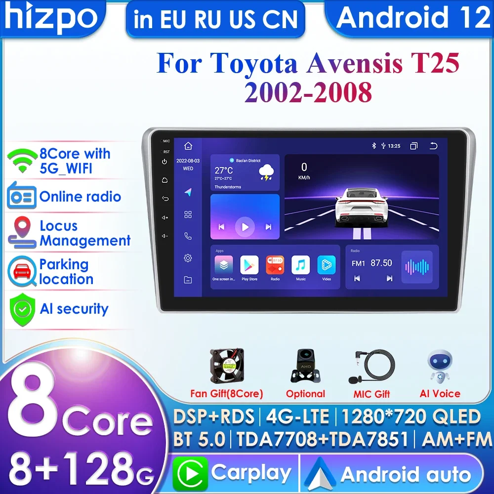 

2din Android Autoradio for Toyota Avensis T25 2002-2008 Car Radio Multimedia Video Player GPS Navi Head Unit Carplay Auto 4G RDS