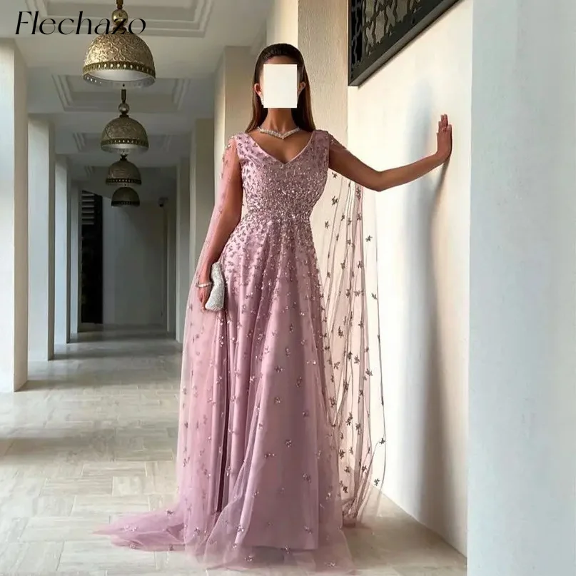 

Элегантное розовое Тюлевое платье Flechazo для выпускного вечера с V-образным вырезом, блестящее платье в пол, стиль знаменитостей, женское платье 2024