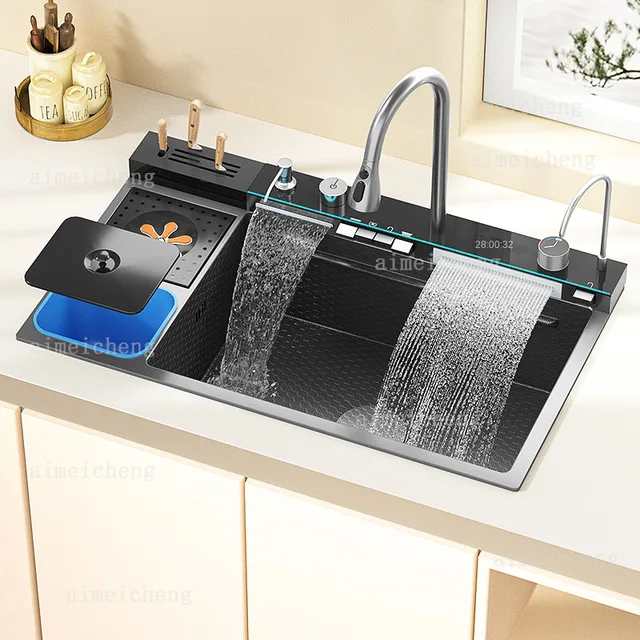 อ่างล้างจานน้ําตกสแตนเลสพร้อมที่ใส่มีดนูนขนาดใหญ่พิเศษช่องเดียวจอแสดงผลดิจิตอลชุดก๊อกน้ํา 1