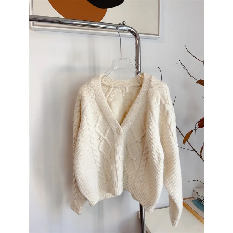 

Casual Long Sleeve Top Knitted V-neck Loose Sweater Korean Fashion Screw Thread Tops 2023 Single Breasted Cardigan Sweaters